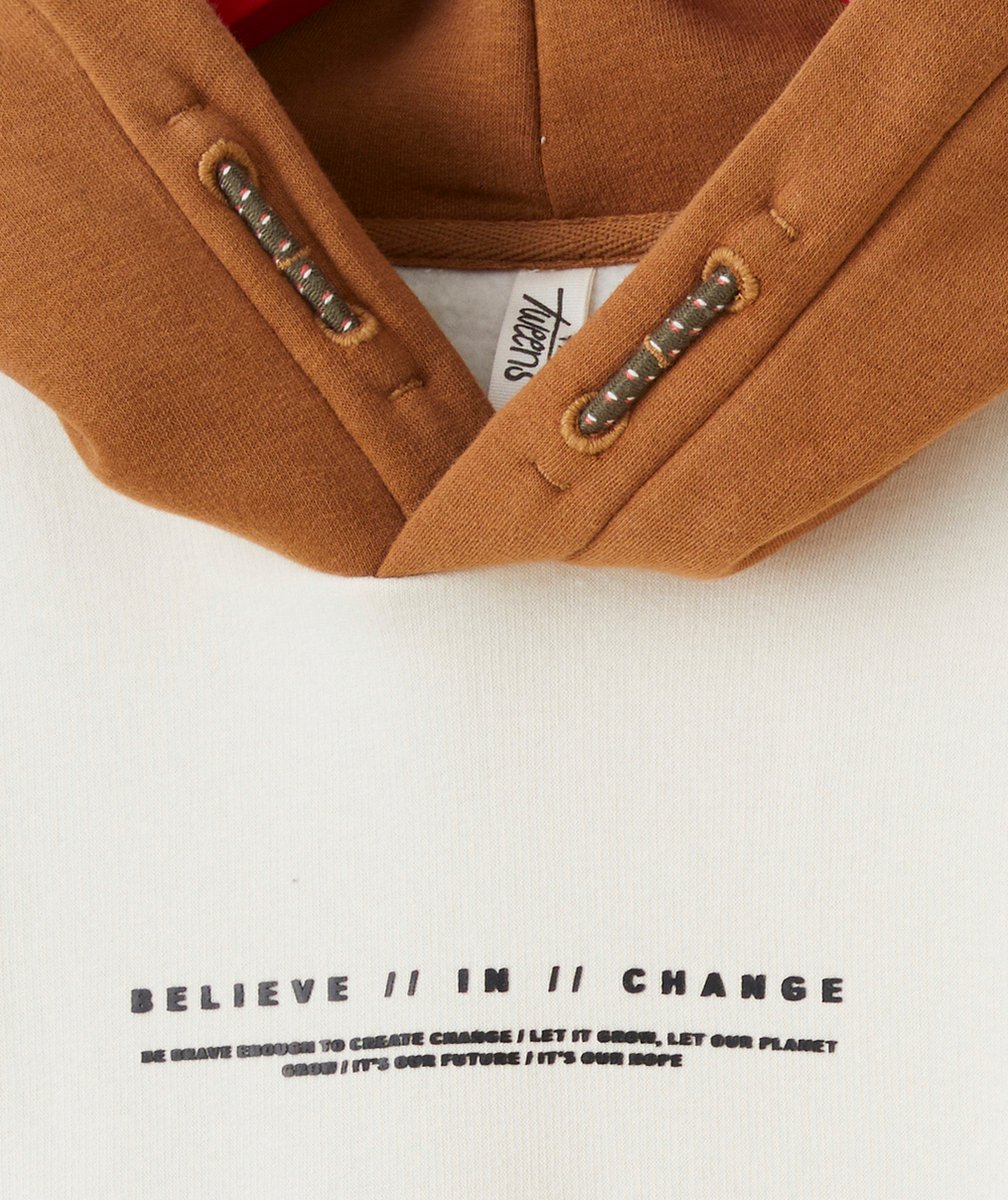 SWEAT À CAPUCHE GARÇON EN FIBRES RECYCLÉES ÉCRU KAKI ET MARRON AVEC MESSAGE