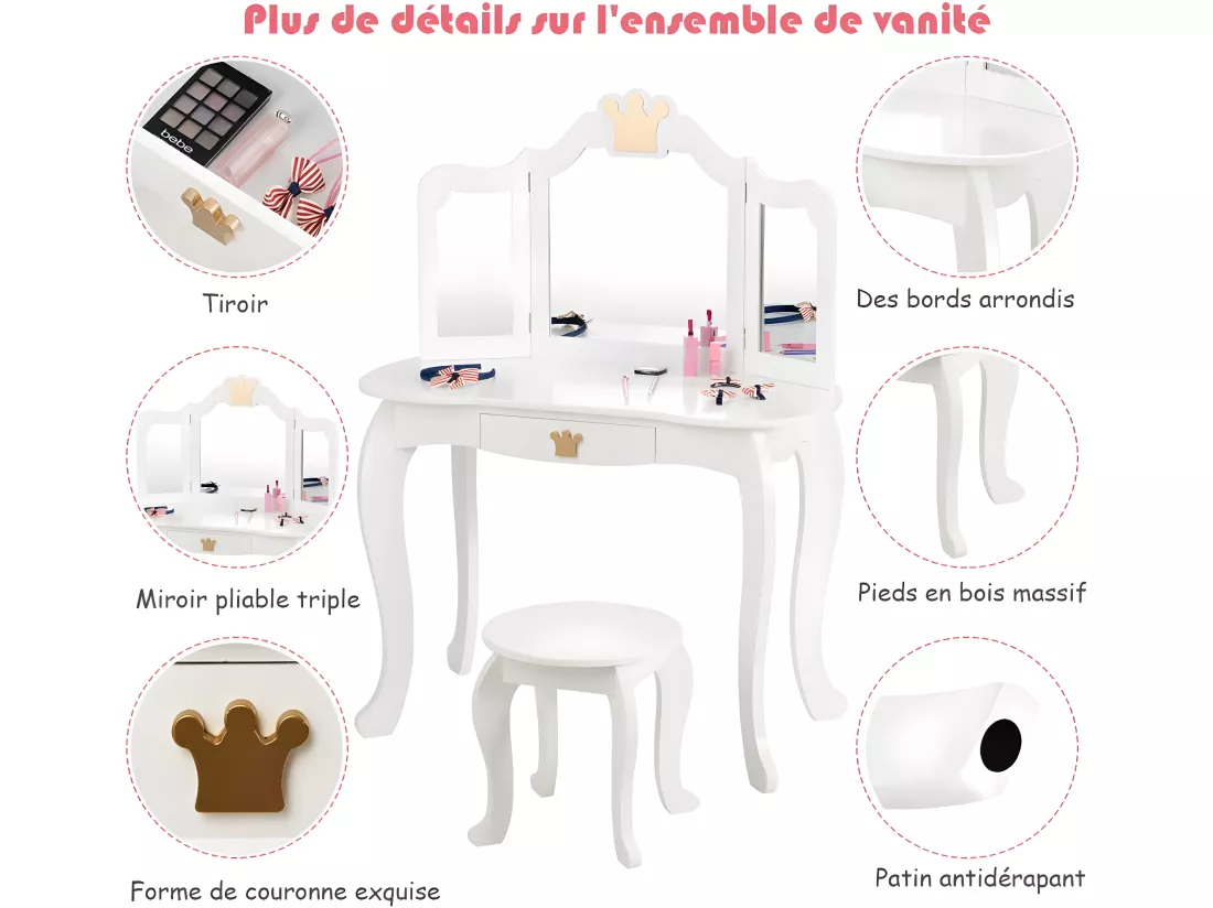 Coiffeuse pour Enfants avec Miroir à Trois Volets, Ensemble de Coiffeuse 2-en-1 avec Dessus Amovible, Tabouret Inclus, Jeu de Simulation de Beauté pour Filles (Blanc)