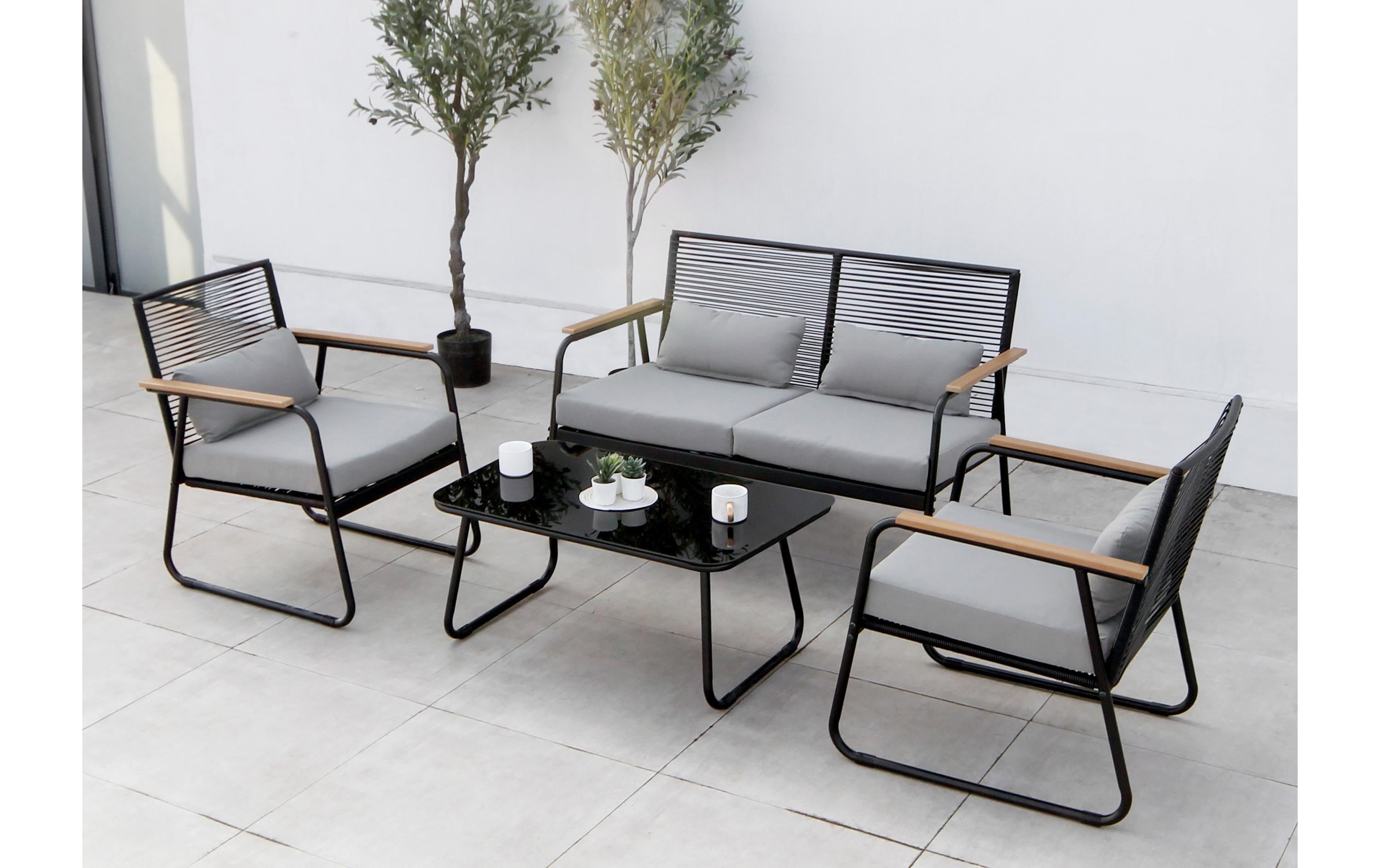 Loungeset Paxos, Anthrazit/Bambus, 4 Sitzplätze<br>4-teiliges Loungeset für den Garten oder Balkon