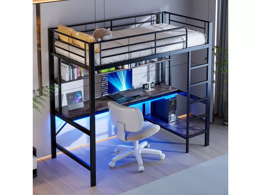 Lit mezzanine garde-corps et escabeau - 90 x 200 cm - avec USB et secteur - LED et bureau - sans matelas - métal - noir