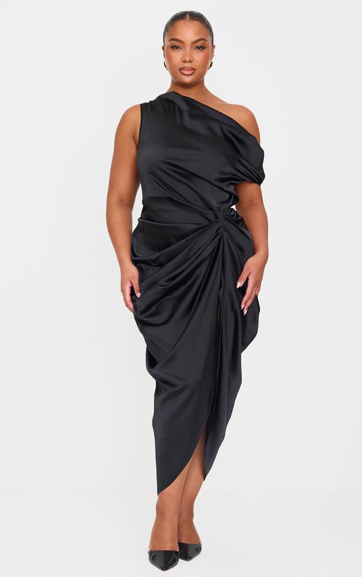 Noir Robe Midi Grande Taille En Satin Avec Épaules Dénudées Et Jupe Drapée