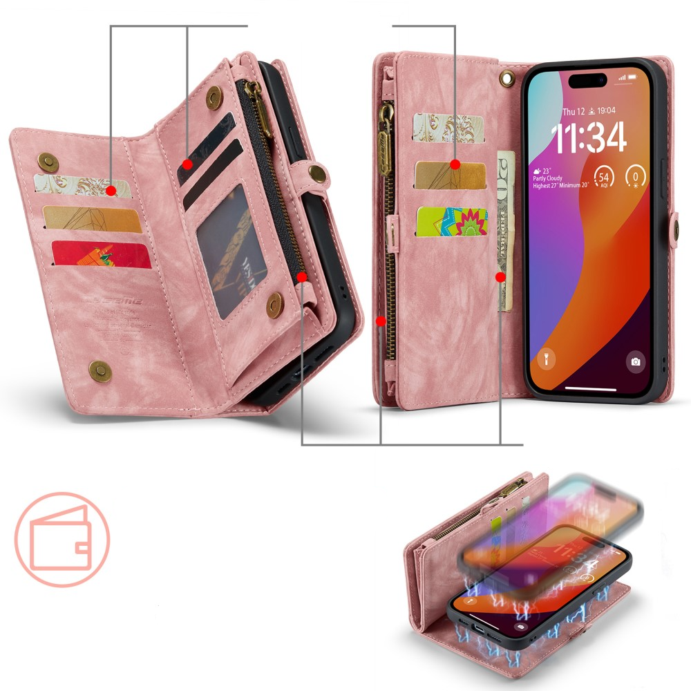 iPhone 16 Pro 2in1 Leder Tasche   Magnet Hardcase Karten Etui - Rosa