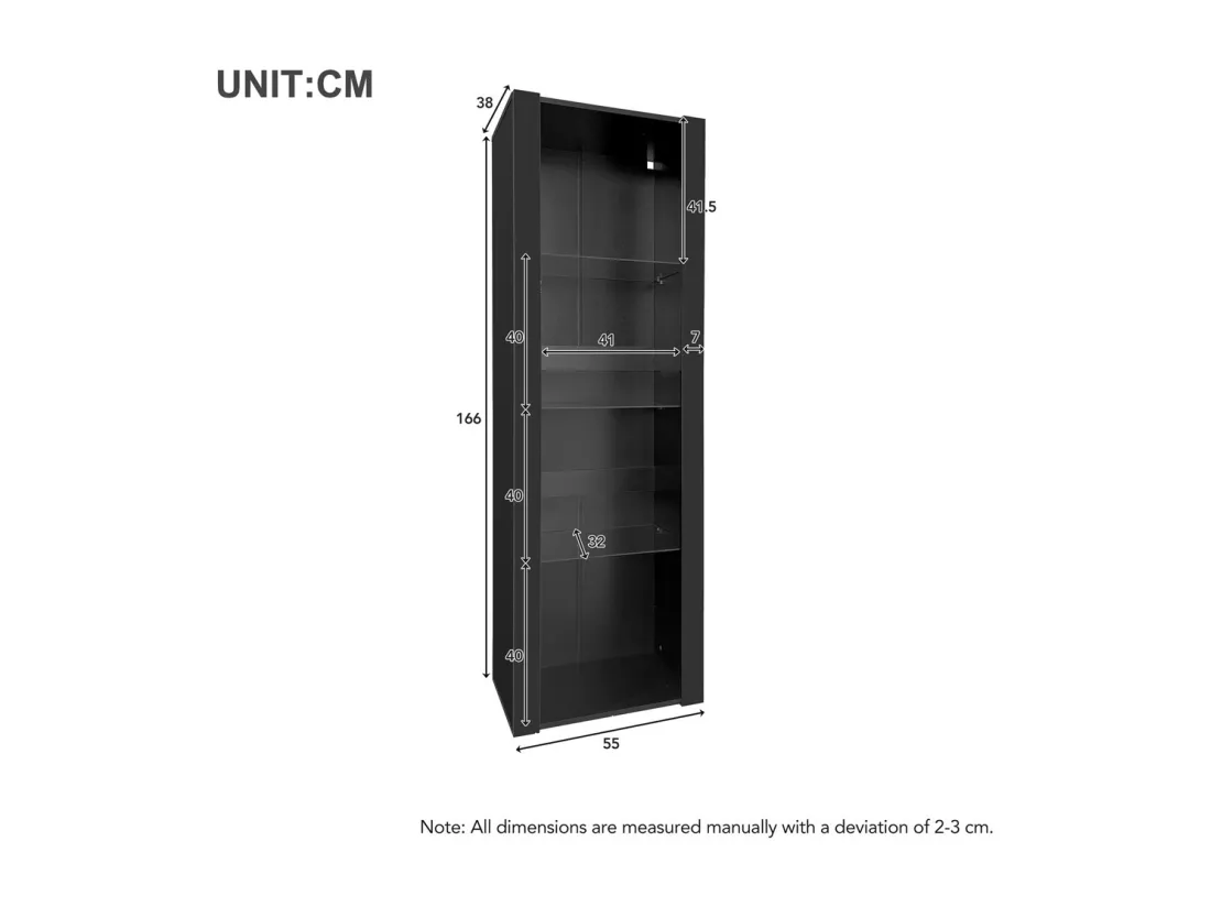 Vitrine noire avec éclairage LED, 3 compartiments en verre, 55 * 38 * 166cm,