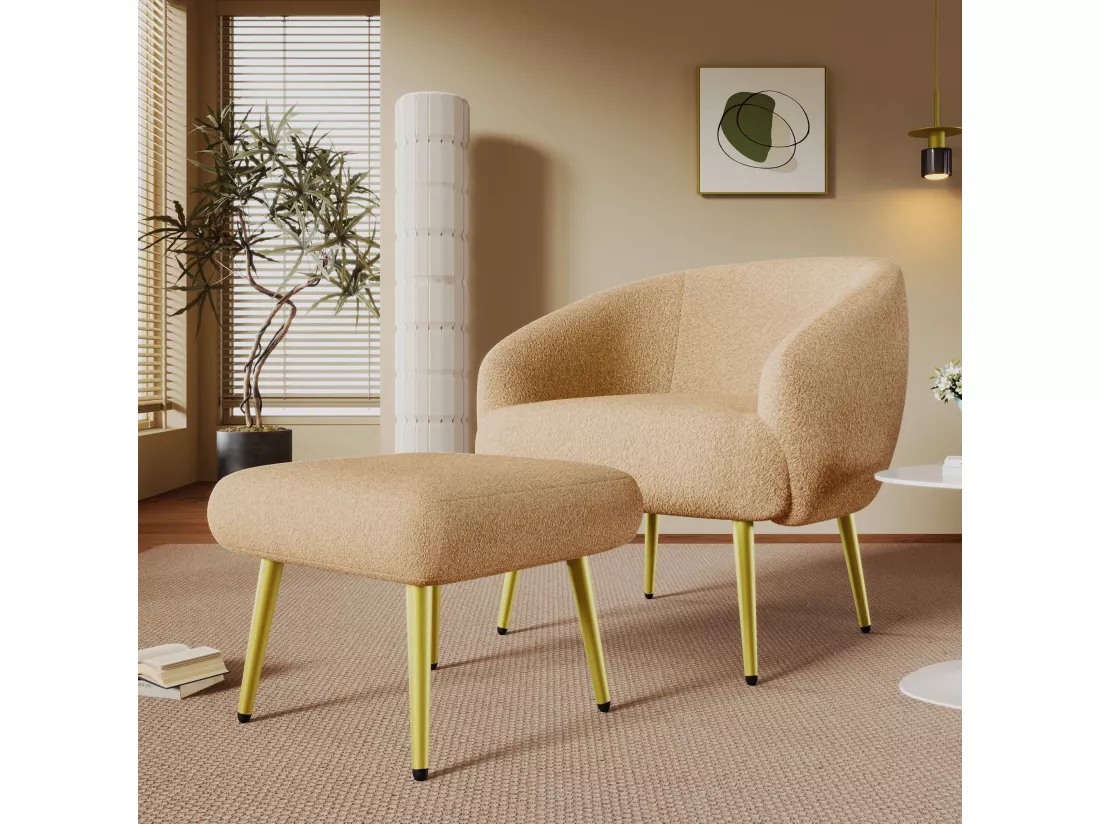 Chaise moderne rembourrée Sherpa avec pouf, design ergonomique, pieds dorés, confort luxueux,marron