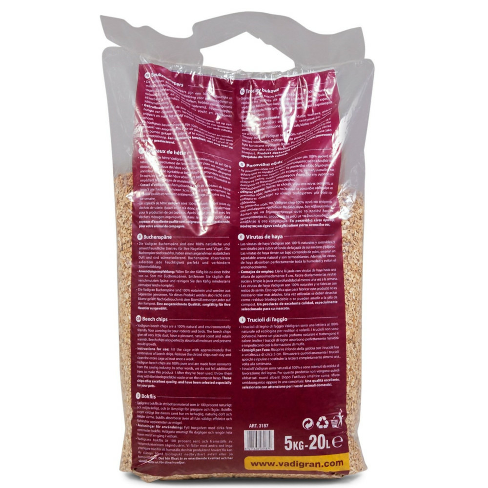 Copeaux de hêtre 6 mm. 20 litres soit 5 kg. Pour rongeurs.