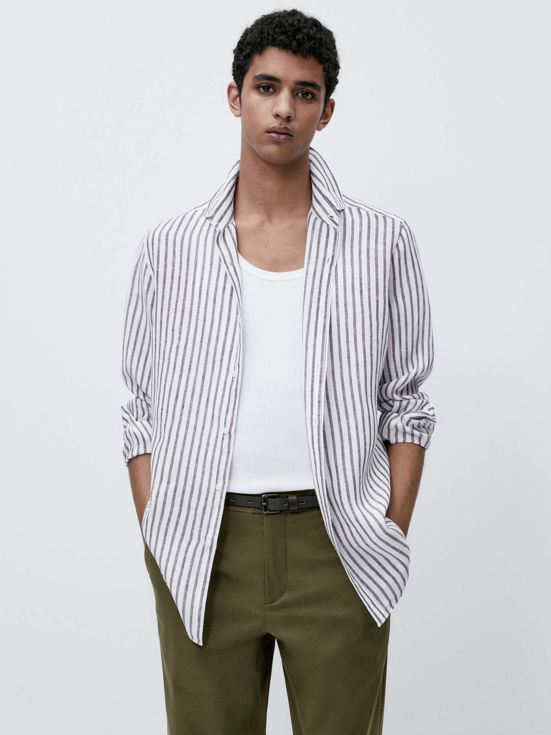 Camisa raias 100% lino slim fit - VERDE