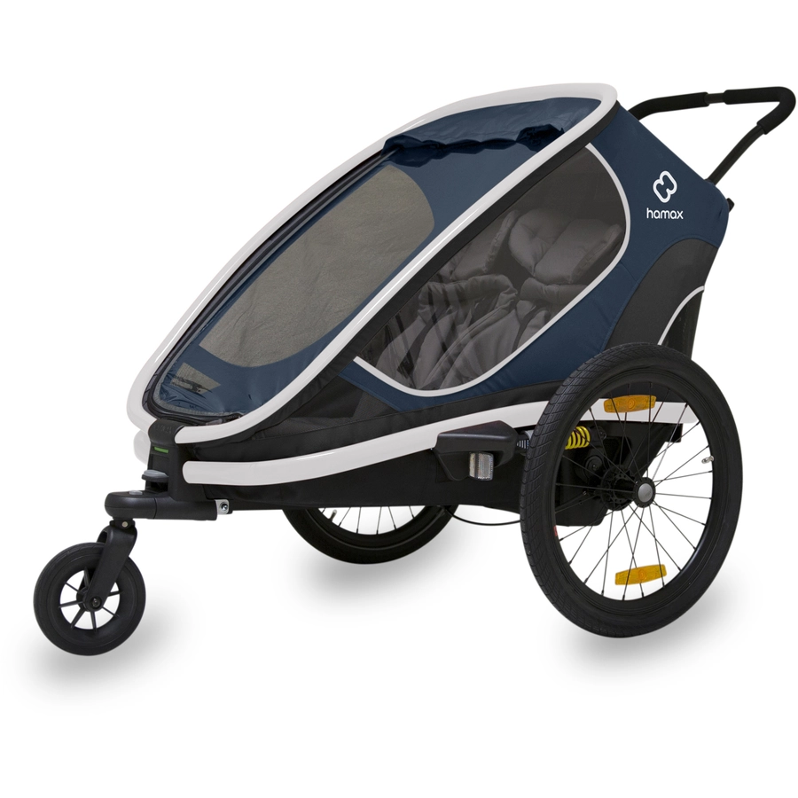 hamax Kinderfahrradanhänger Outback mit Rückenlehnenverstellung Navy Blau 2022 inklusive Wheelblades
