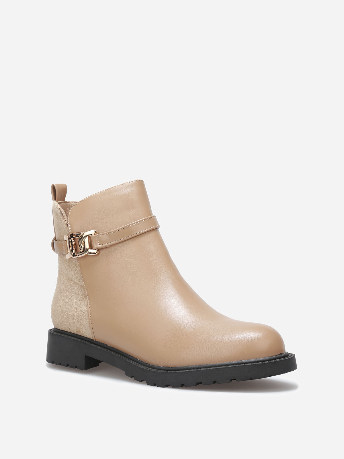 Bottines plates bi-matière à boucle dorée- Taupe
