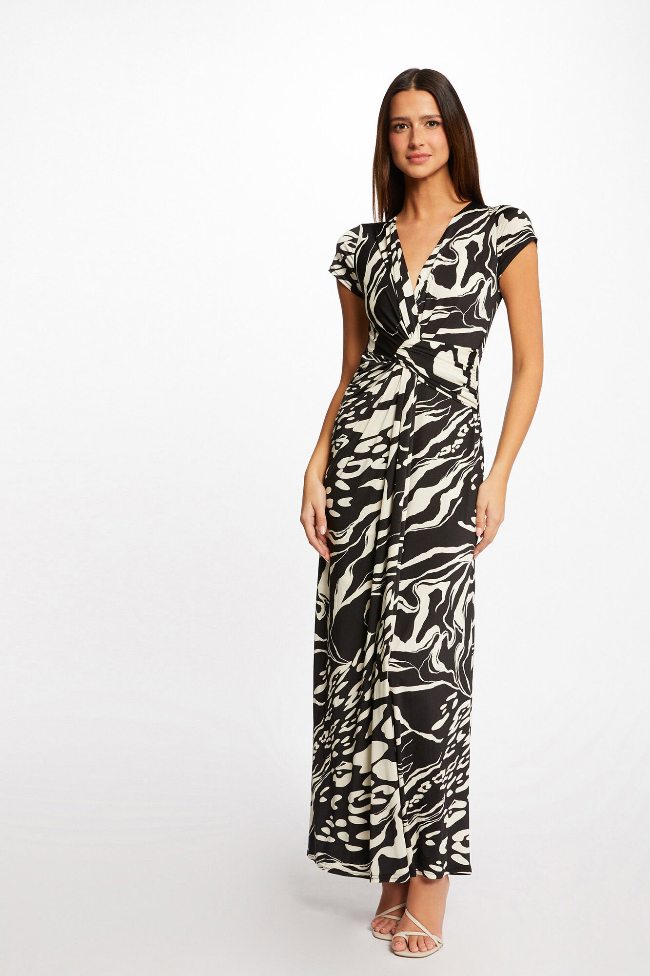 Vestido longo reto com estampa abstrata - Estampa branca