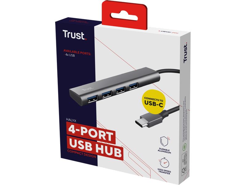 Trust Halyx USB-C zu USB-A Gen1 Hub 4Port Eleganter USB-Hub aus Aluminium