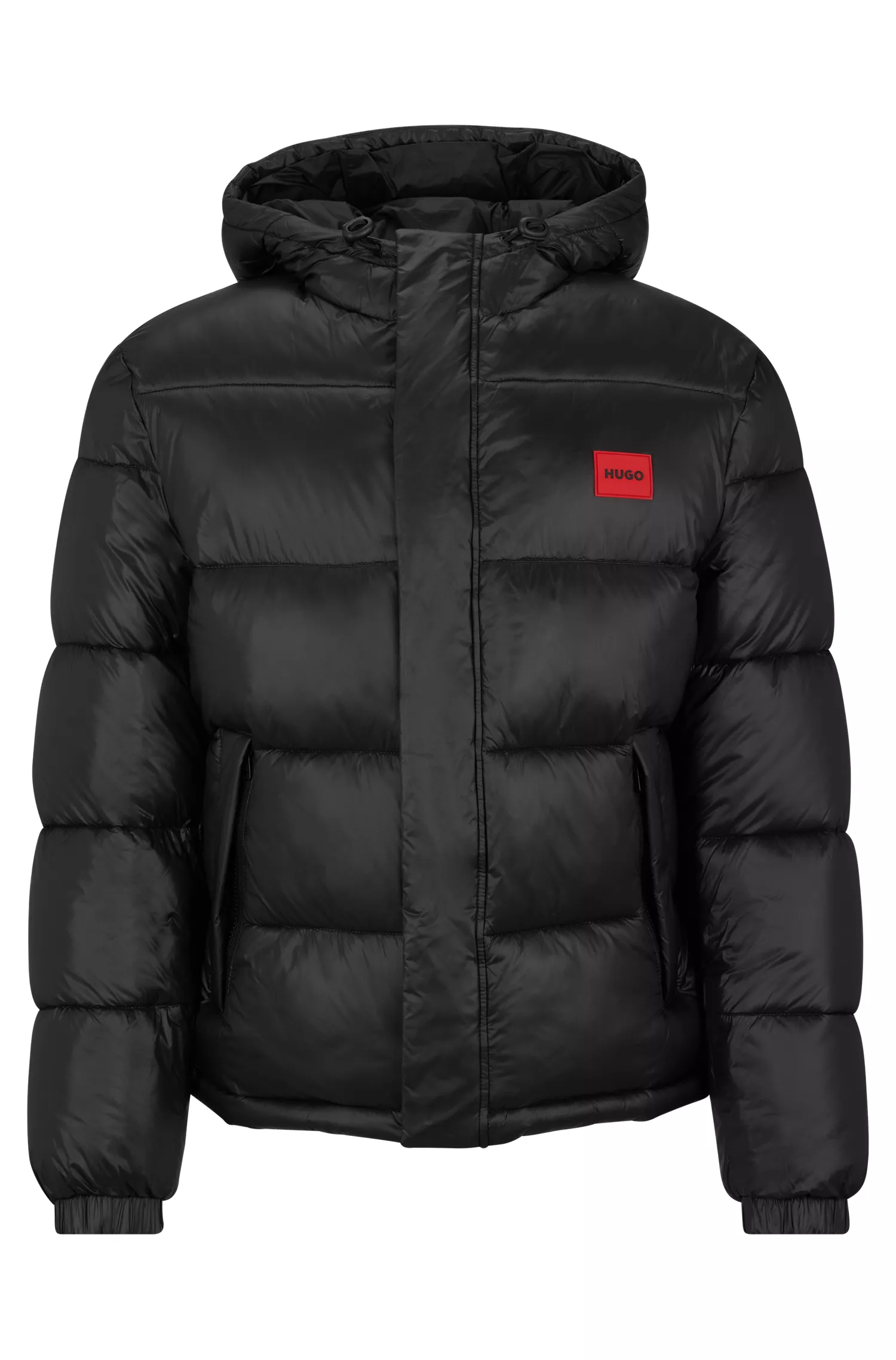 Jaqueta puffer slim fit HUGO vermelha, repelente à água e com emblema da marca.