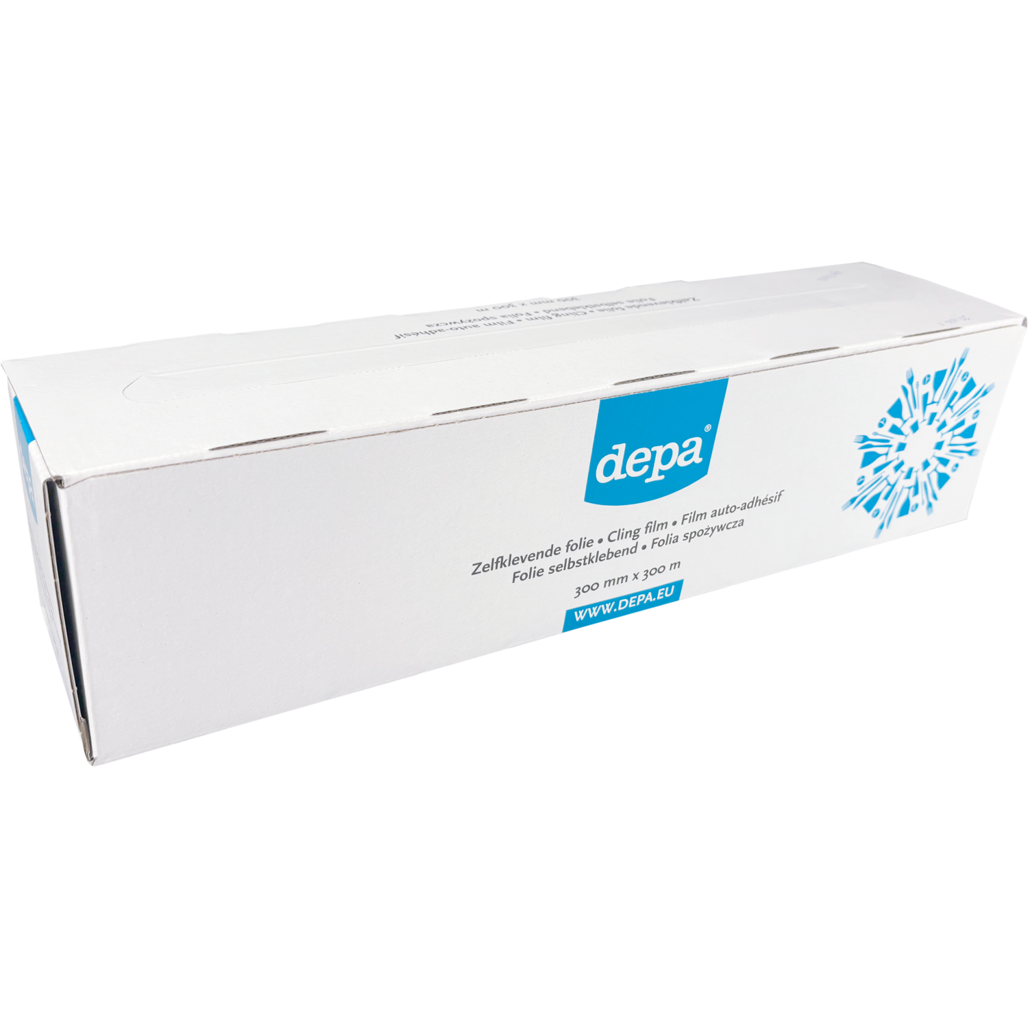 Depa Folie, zelfklevend, op rol/dispenserdoos, PVC, 30cm, 300m, 8my, transparant