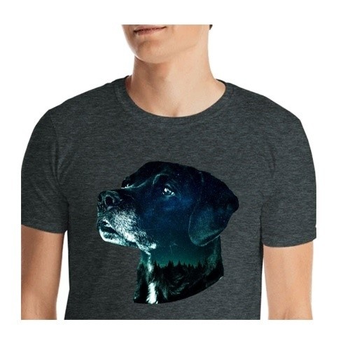 Camiseta Mascochula Masculina Noite Estrelada Personalizada com Seu Animal de Estimação Cinza Escuro