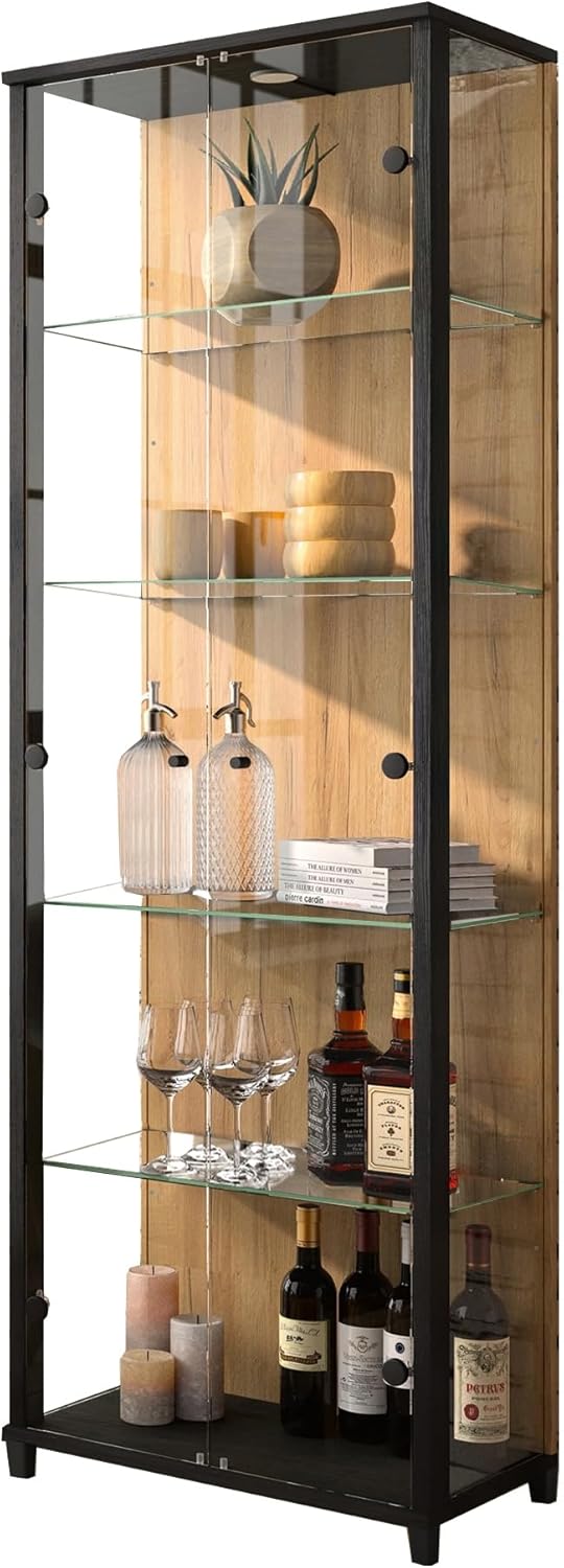 möbelando Vitrine >Optima< in Schwarz mit farblich abgesetzter Rückwand in Wildeiche-Dekor, inkl. LED-Spot-Beleuchtung, 2 Türen, 5 Fächer, vielseitig einsetzbar, 57,6x171,8x32cm (B/H/T)