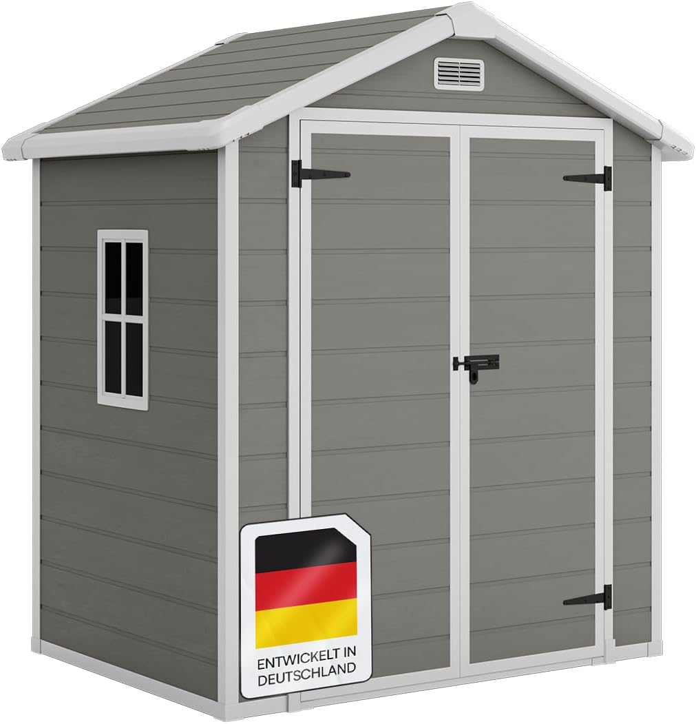 STEELSØN Novara Gerätehaus – Gartenschuppen mit Satteldach & Fenster – Gartenhaus 210x134x182 cm (HxTxB) – Geräteschuppen aus Kunststoff in Grau – Gartenhütte wetterfest & rostfrei – Schuppen