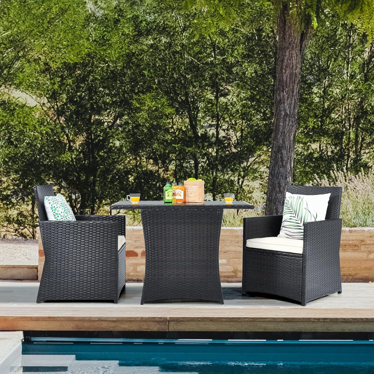 COSTWAY 3tlg. Polyrattan Gartenmöbel Set, 2 Sessel und 1 Beistelltisch mit Glasplatte, Rattanmöbel Platzsparend, Gartenlounge Gartengarnitur Sitzgruppe, Sitzgarnitur Gartenset inkl. Sitzkissen