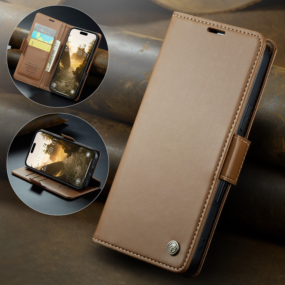 iPhone 16 Leder Tasche Flip Wallet Etui mit Kartenfächern Litchi Look (RFID Schutz) - Braun