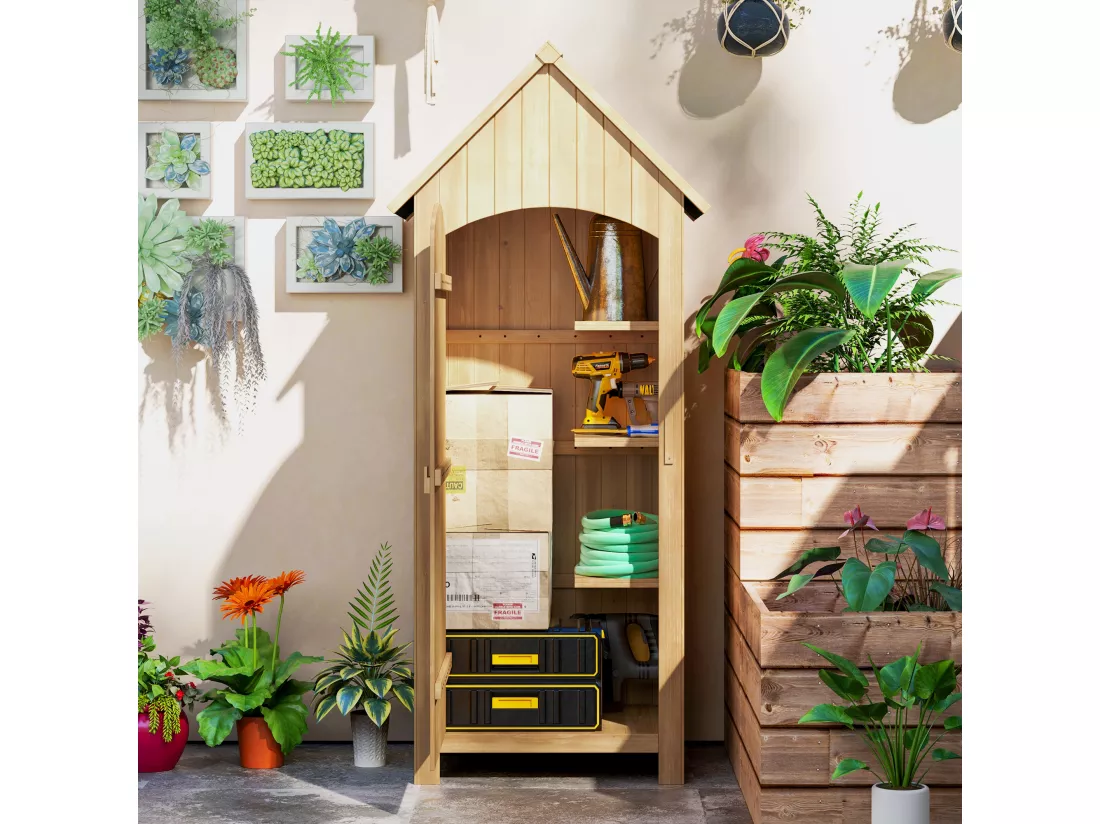Armoire abri de jardin remise pour outils 3 étagères porte loquet toit pente bitumé dim. 77L x 54l x 179H cm bois sapin pré-huilé
