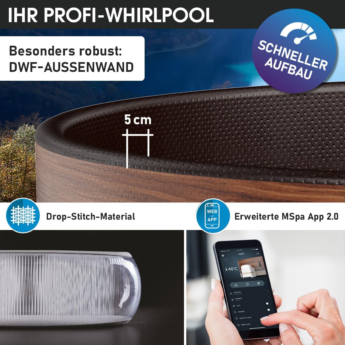 BRAST Whirlpool aufblasbar MSpa | 4-8 Personen | viele Modelle rund und eckig | Ø 125-224cm | In- Outdoor Pool | bis zu 144 Massagedüsen | inkl. Aufblasfunktion Abdeckung Timer Heizung | Duet