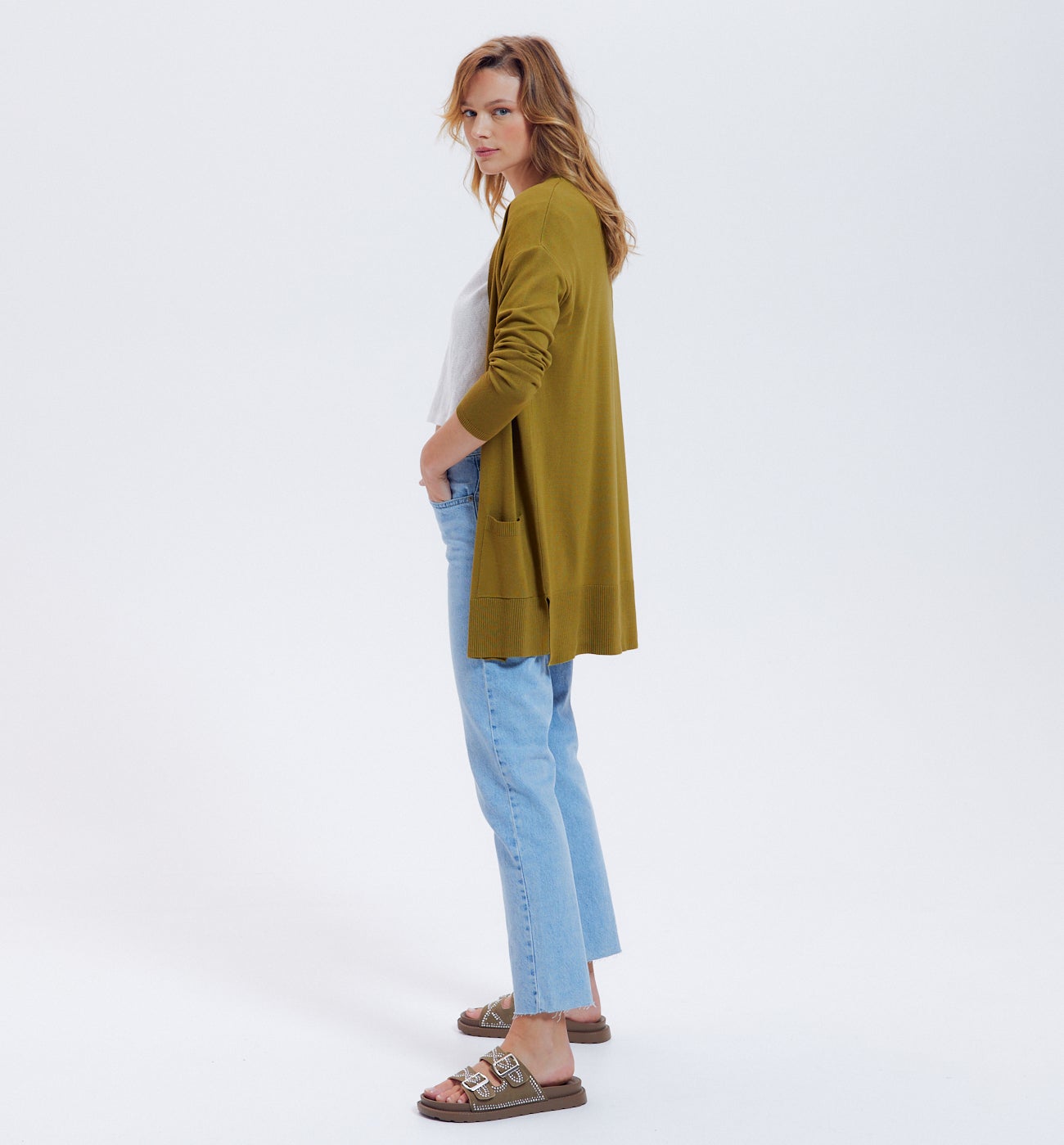 Long gilet en maille fine - Vert olive