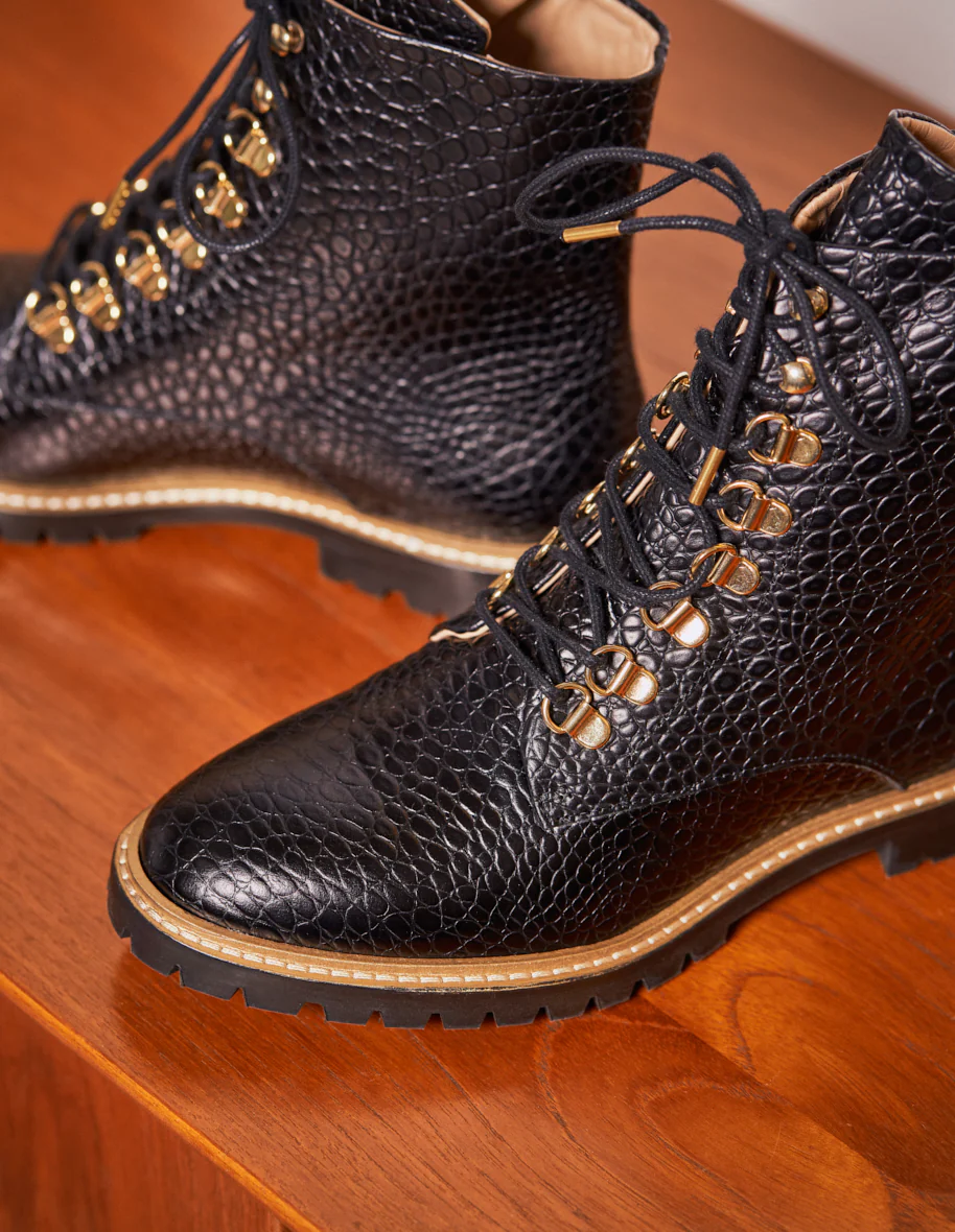 Bottines à lacets Alix - Cuir Croco Noir