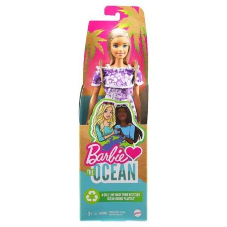 Barbie Loves the Ocean Puppe im lila Blumenkleid, aus recyceltem Kunststoff