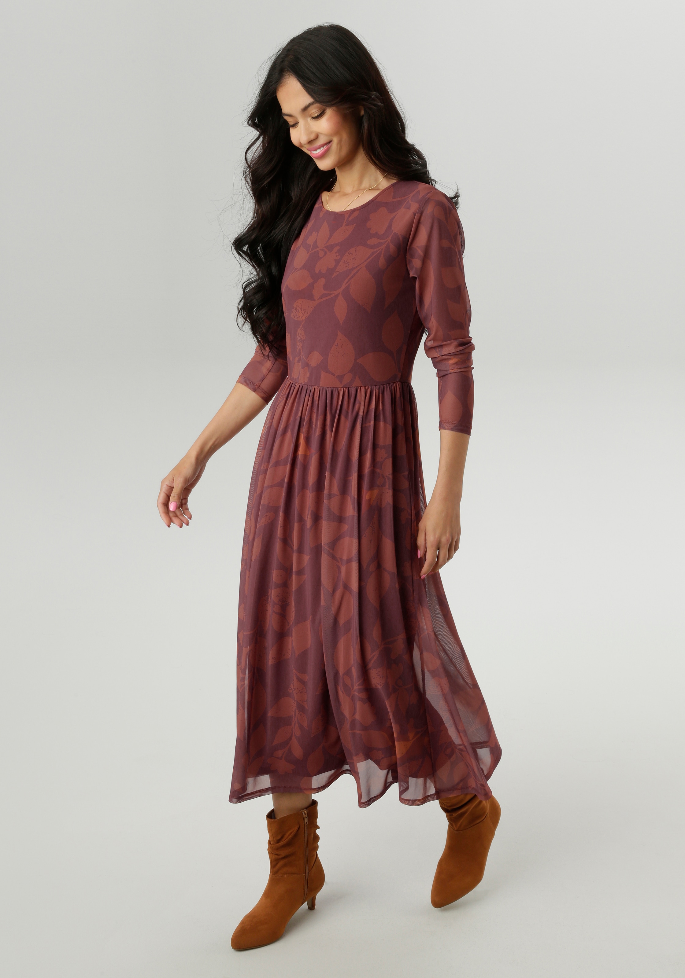 Aniston SELECTED Midikleid mit floralem Blättermuster in warmen Brauntönen - NEUE KOLLEKTION