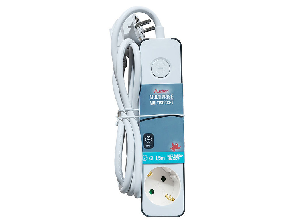 BLOCO MULTITOMADA PRETO AUCHAN 3 ENTRADAS COM INTERRUPTOR 1.5M