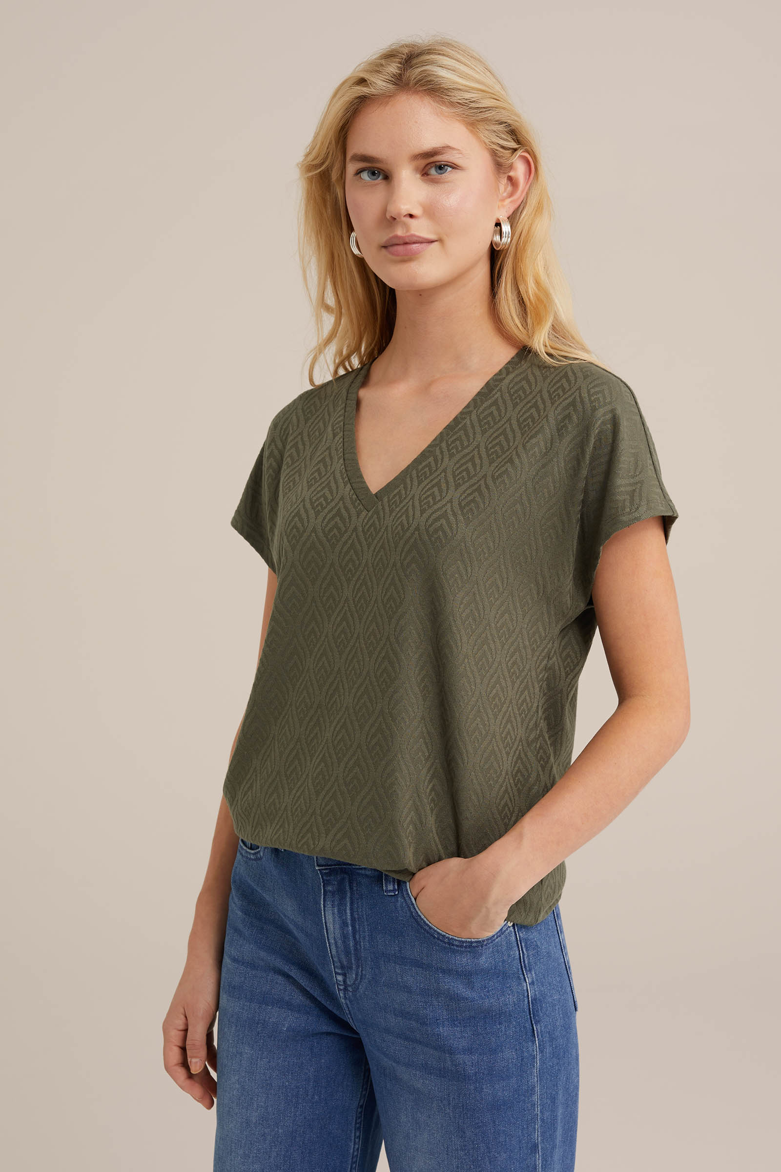 T-shirt met jacquard-dessin WE Fashion Donkergroen