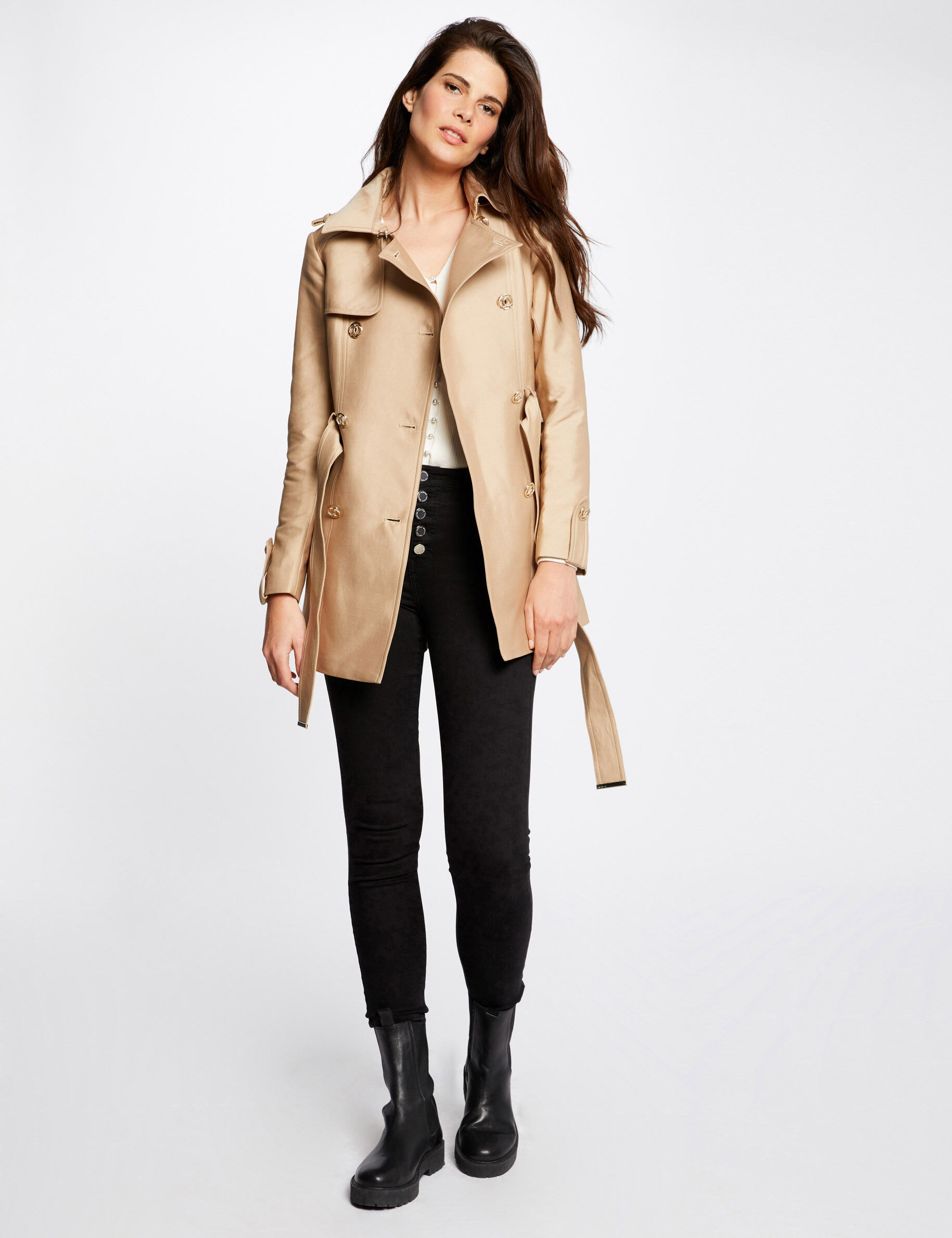Trench droit ceinturé à capuche camel femme - camel