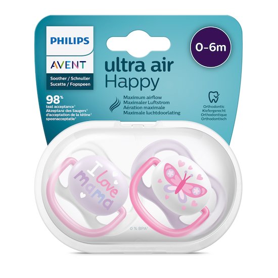 Lot 2 sucettes ultra air   I love mama et papillon        0-6 mois   de               Philips AVENT