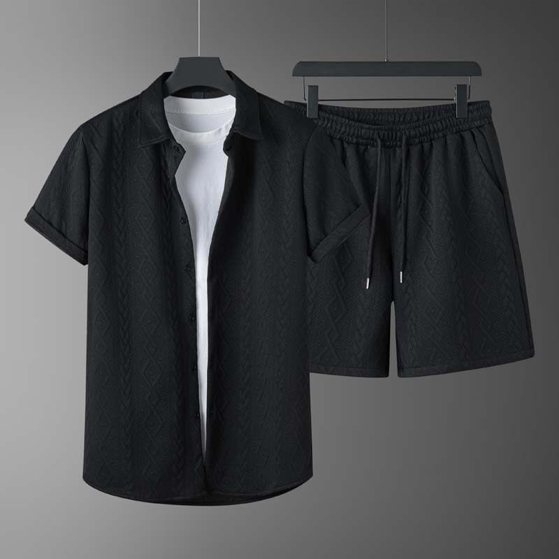 Blueforce - Set: overhemd met korte mouwen, kraag en textuur, knoopsluiting + korte broek met trekkoord in de taille