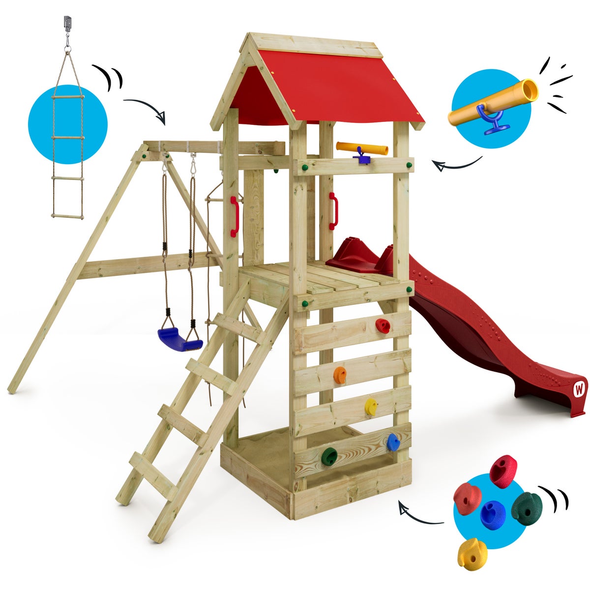 WICKEY FreeFlyer Speeltoren Klimrek met Schommel en Glijbaan, Klimtoren met Zandbak, Ladder en Speelaccessoires - Rood
