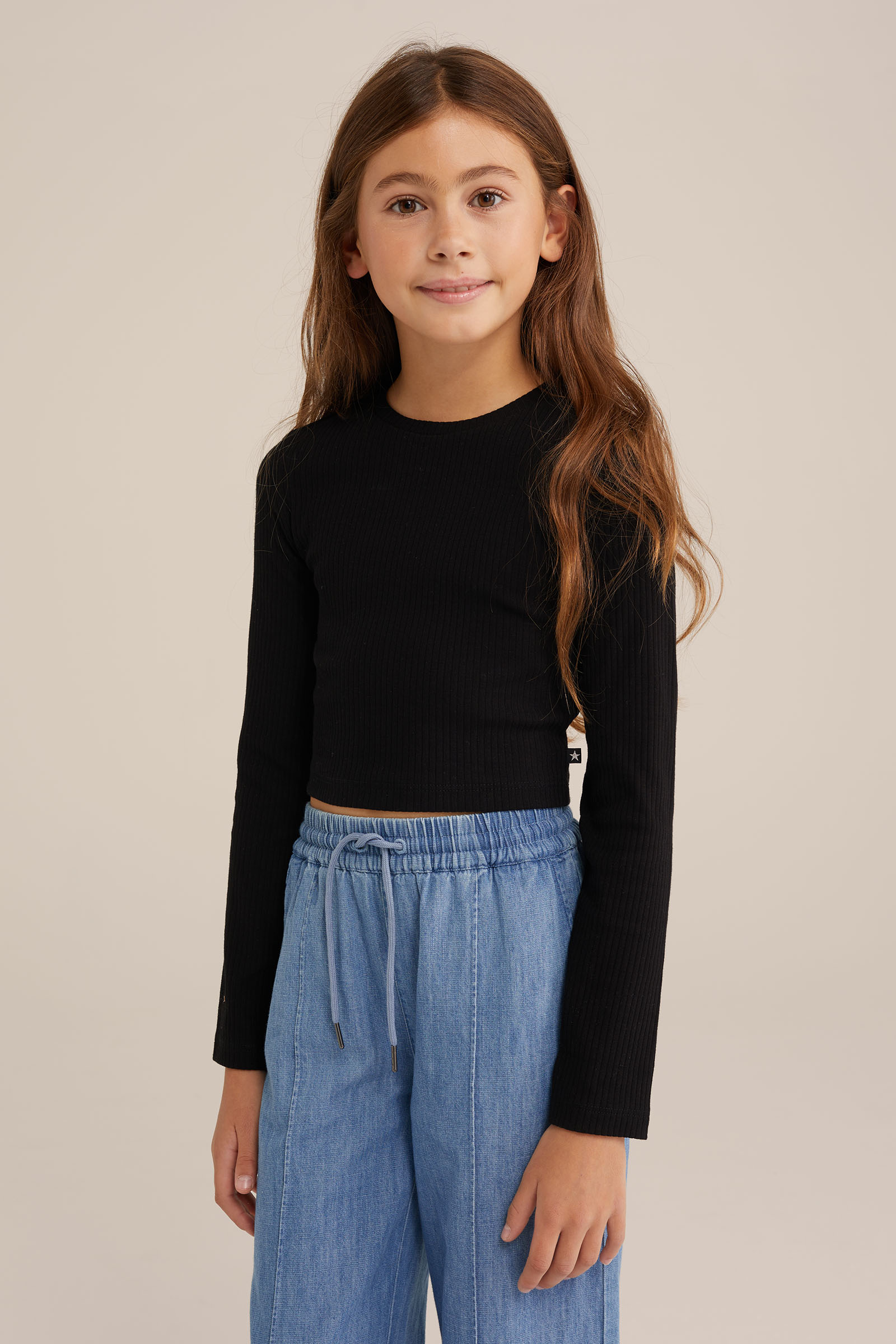 Meisjes cropped T-shirt van ribstof WE Fashion Zwart