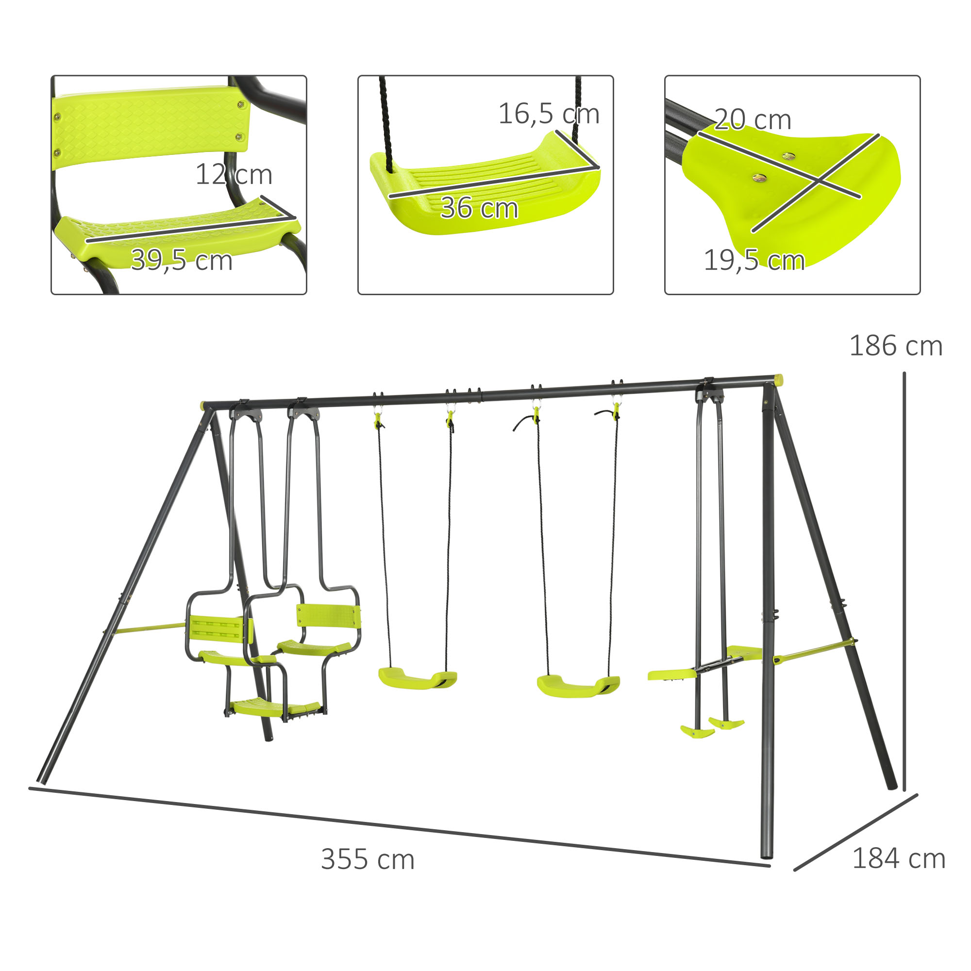 Conjunto de balanço infantil Outsunny Green para áreas externas, com 2 balanços e cadeira de balanço para crianças.