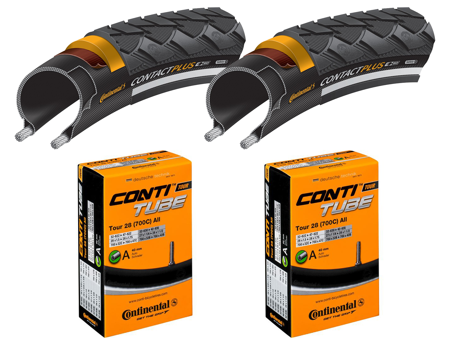2 Dæk + 2 Slanger Continental Contact Plus 700x42 (42-622) Refleks auto ventil