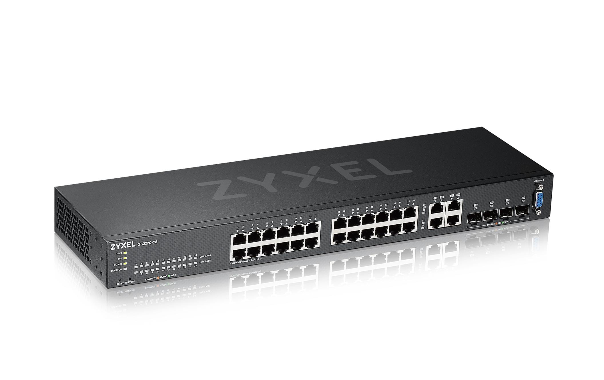 Switch GS2220-28 28 Port<br>28-Port-GbE-Switch, Layer 2 managed, 24x GbE RJ-45 Ports, 4x GbE Combo-Port, lüfterlos