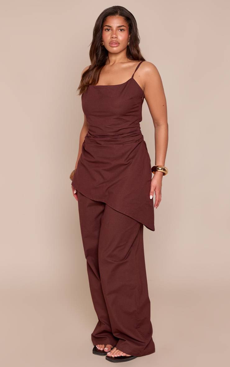 Chocolat Haut Co-ord Aspect Lin Taille Froncée Encolure Droite Ajusté