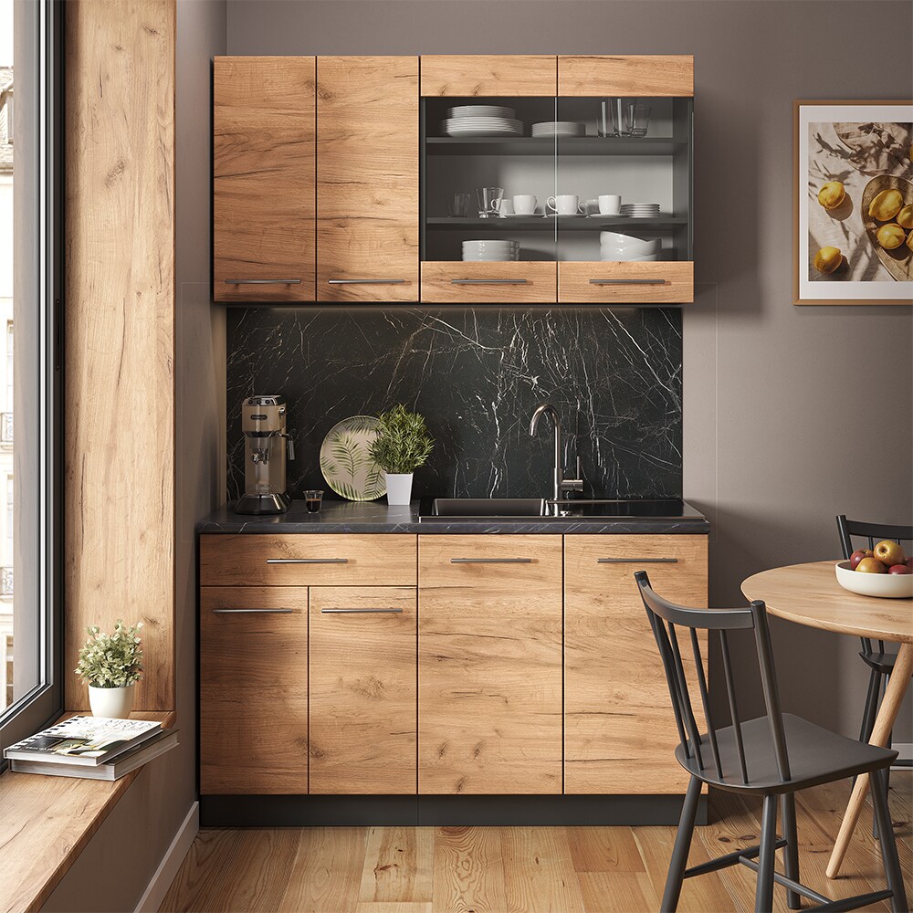 Vicco Küchenzeile Küchenblock Einbauküche Fame-Line Single Anthrazit Eiche 140 cm modern Küchen Schränke Spülenunterschrank Schubunterschrank Hängeschrank Hängeglasschrank