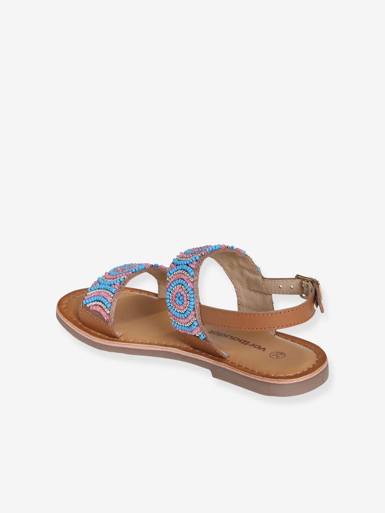 Sandálias de tecido com miçangas, para meninas, lisas, azul claro com estampas.
