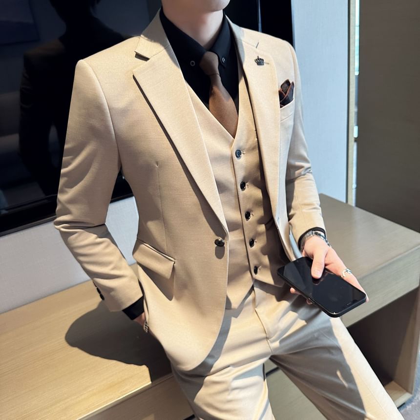 Blueforce - Set: Effen blazer + V-hals vest met knoopjes + Hoge taille rechte broek