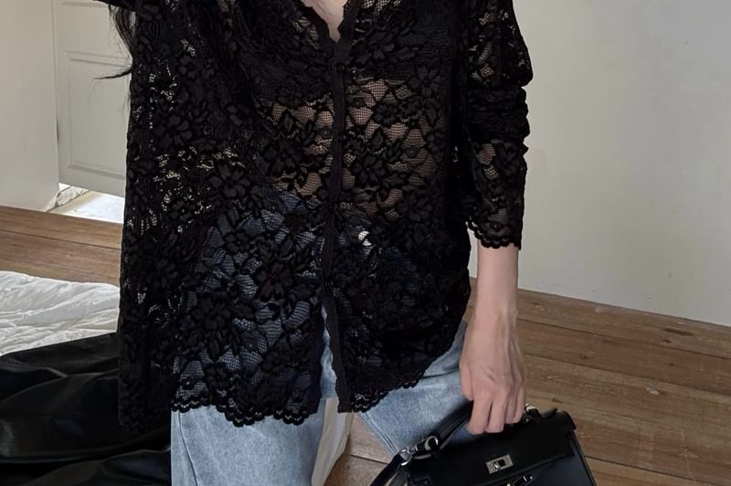 ooit daarna - Oversized doorschijnend kanten V-hals shirt
