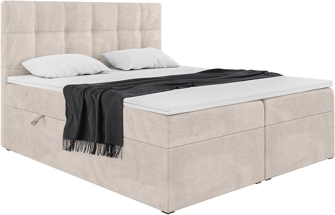 MEBLINI Boxspringbett mit Bettkasten - Gepolstert Doppelbett mit Matratze und Topper - Polsterbett mit Stauraum - Bett mit Kopfteil - Kai - 140x200 - H3/Beige Samt