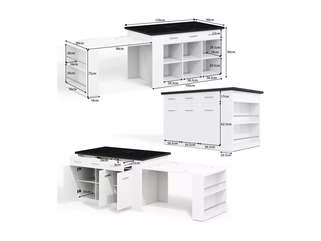 Ilot central de cuisine avec 3 portes, 6 tiroirs et compartiments - plateau extensible - 150/246 x 90 x 90 cm - Bois MDF - Blanc + noir
