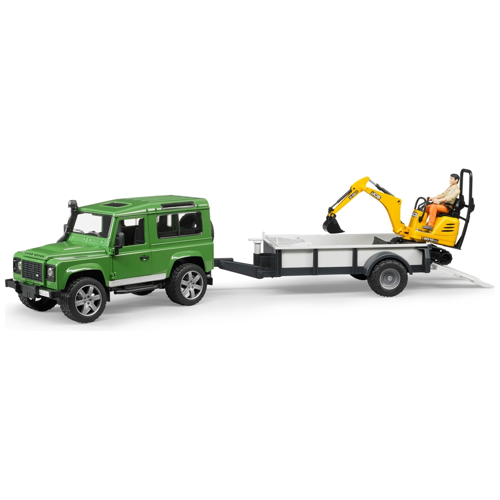 Bruder Land Rover Defender mit Anhänger, JCB-Bagger und Arbeiter