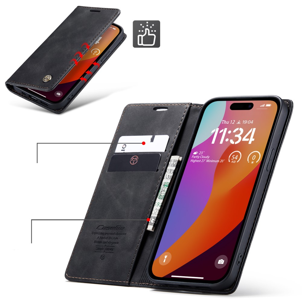iPhone 16 Pro Leder Tasche Flip Wallet Etui mit Kartenfächern - Schwarz