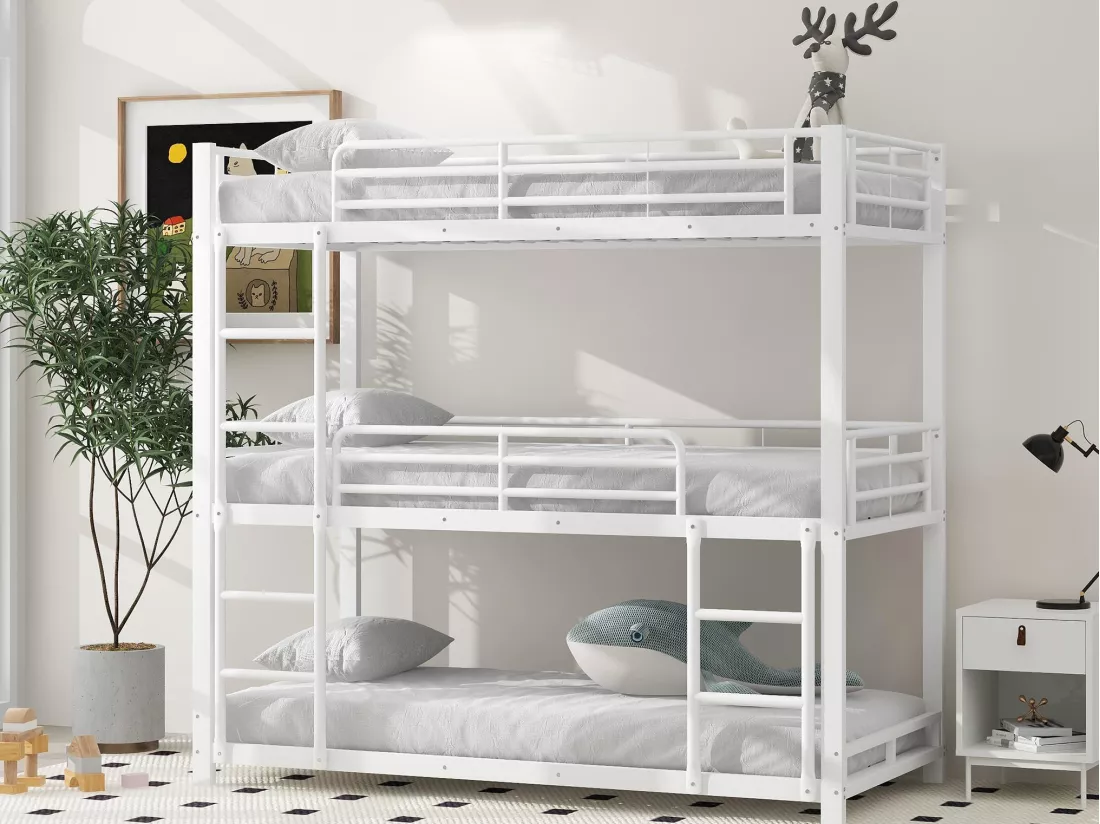 Lit superposé triple - 3x90x200cm - cadre en fer - Blanc