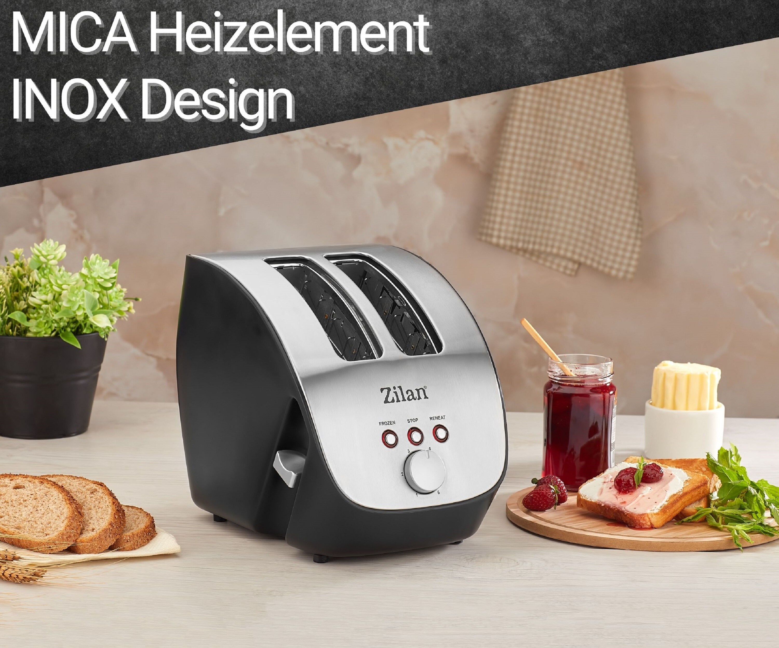 Zilan Schrägtoaster 2 Scheiben Toaster 1000W Edelstahl