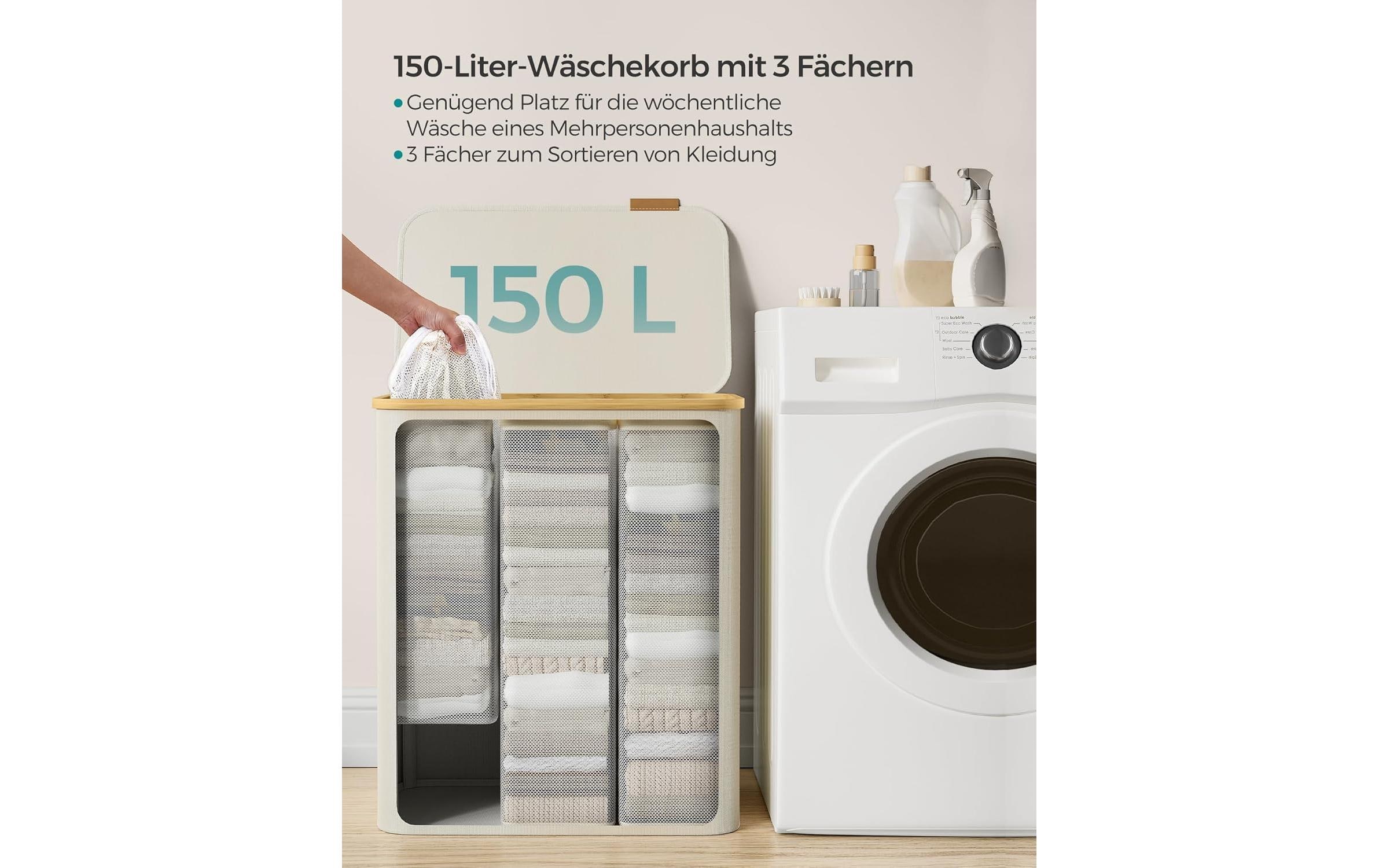 Wäschekorb 130 l, BeigeWäschesammler mit drei Fächern