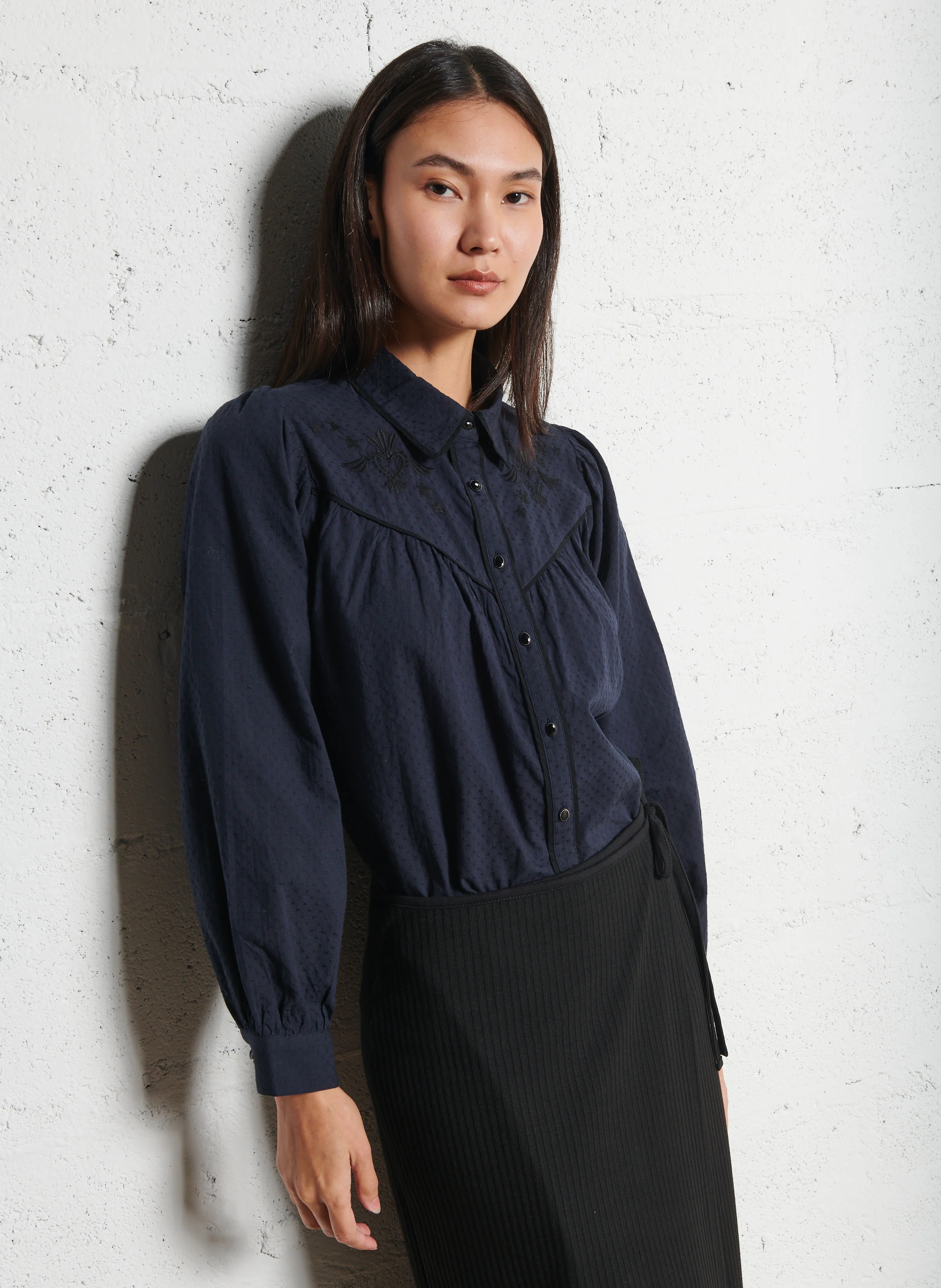Chemise jacquard avec broderies en coton | Bleu
